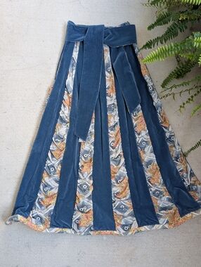 70s Chessa Davis Boho Blue Velvet Paneled Maxi Skirt with Floral Inset